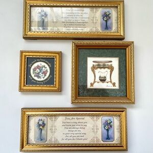 Lot Of 4 Vintage Mini Gold Tone Frames W Floral Prints Framed Friendship Poems